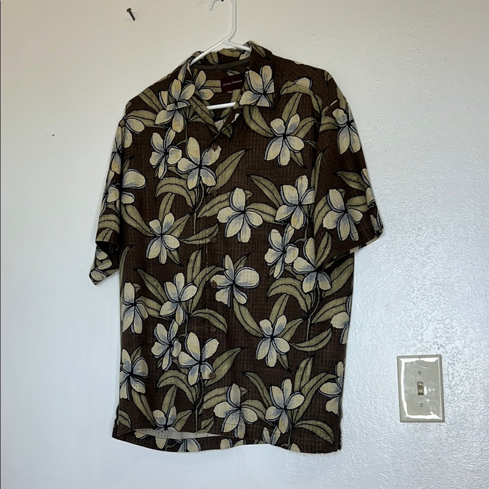 Tommy Bahama Brown , White floral Casual Button up  Shirt short sleeve L